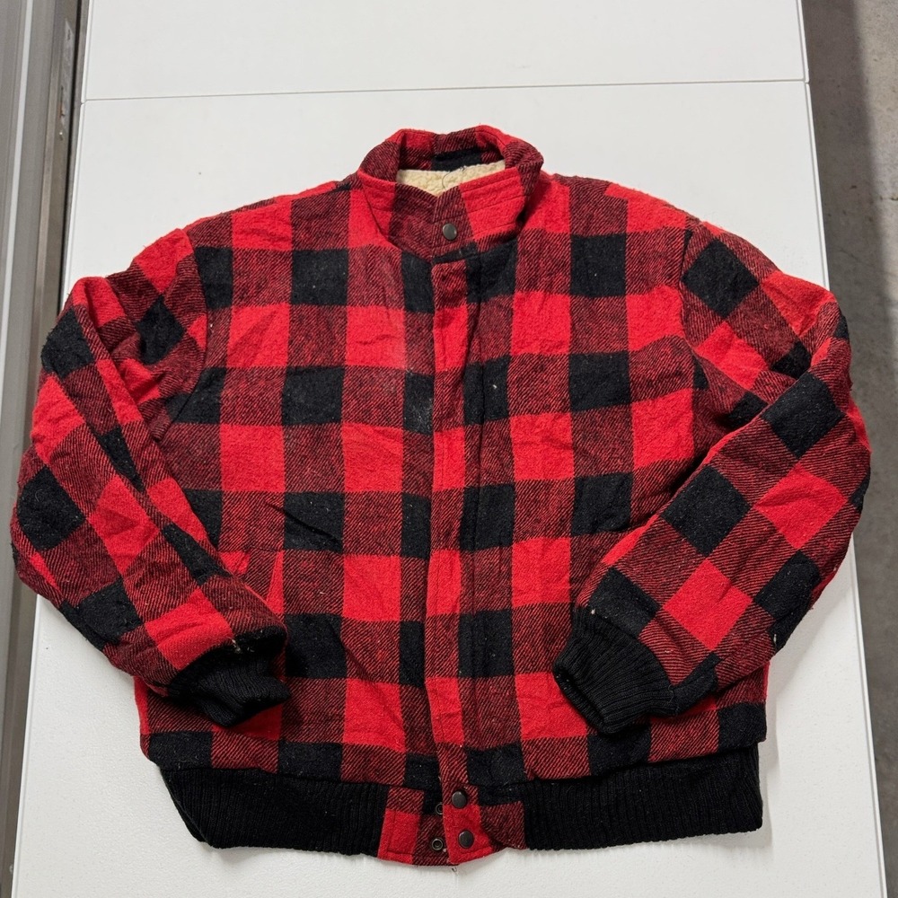 Vintage Outreach Buffalo Plaid Bomber Jacket Mens L Red Black Good Sherpa Lined